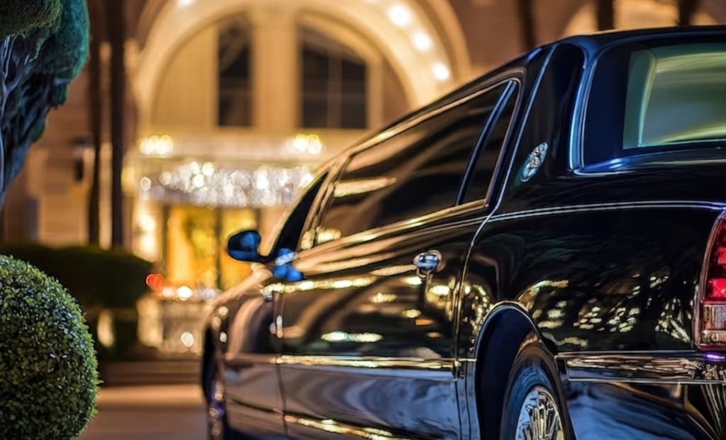 Stretch limousine parked outside a hotel entrance at night