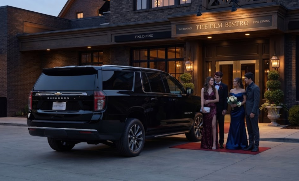 Prom group in formal wear beside a black SUV at a venue entrance