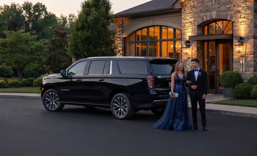Prom couple beside a black SUV outside a stone building