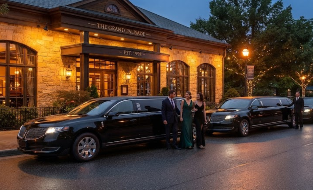 Black stretch limousines parked outside a restaurant in the evening