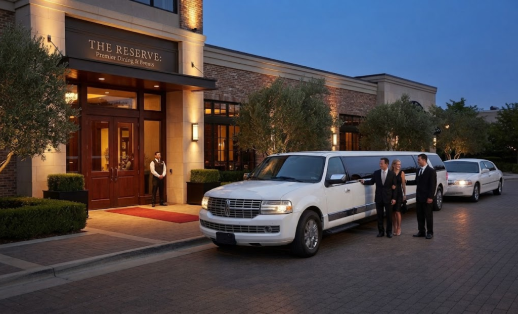 Couple beside a white stretch SUV limousine outside a hotel entrance at dusk