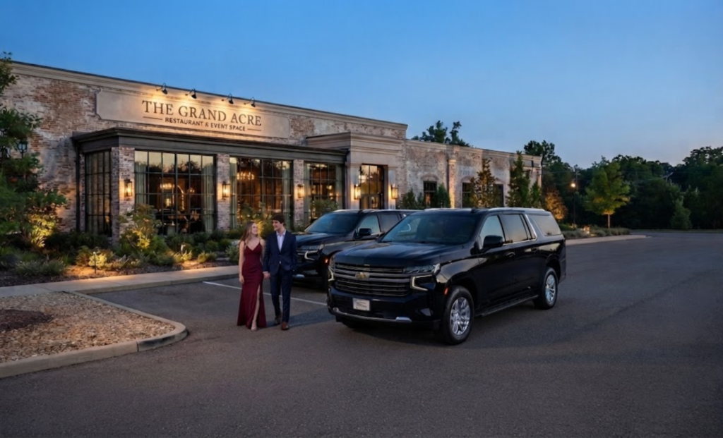 Couple standing by a black SUV outside a stone venue at dusk