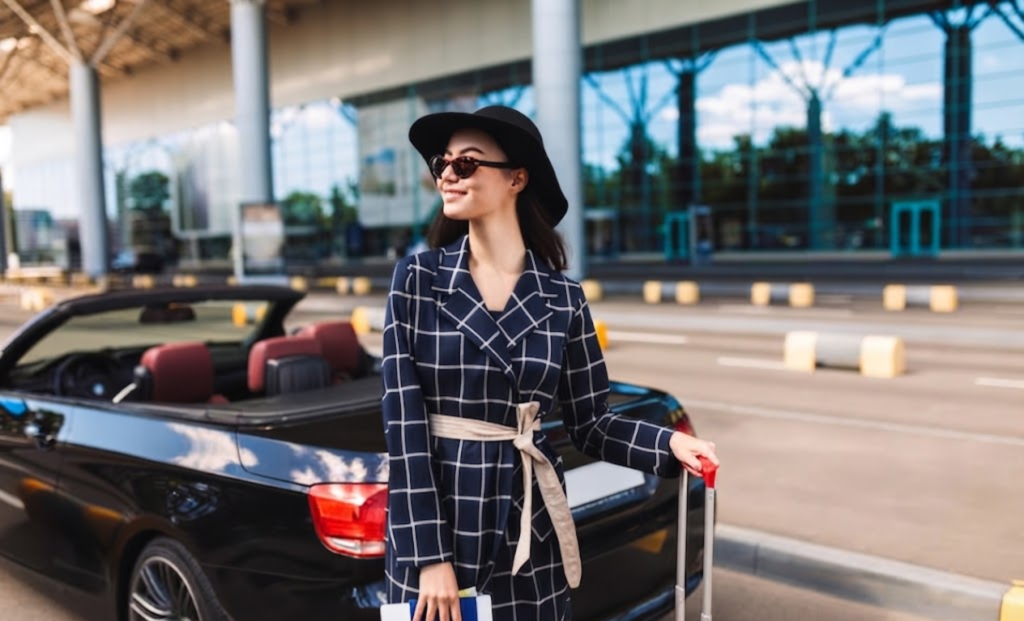Traveller with luggage beside a black convertible outside an airport terminal