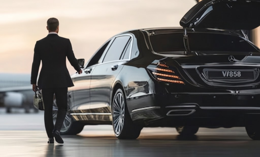 Chauffeur loading luggage into the trunk of a black luxury sedan