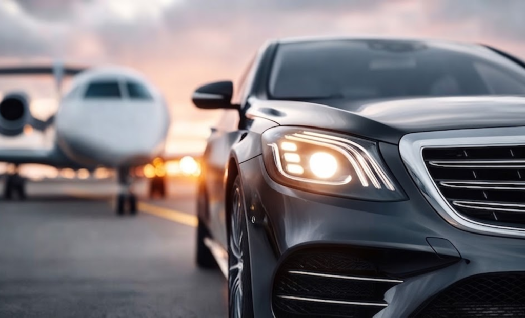 Black luxury sedan waiting on the airport tarmac beside a private jet