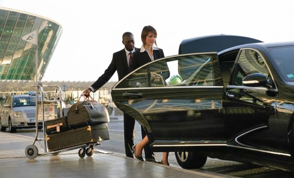 Chauffeur loading luggage into a black limousine at the airport