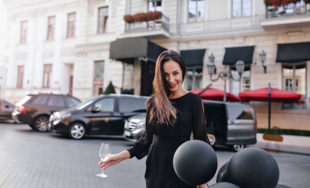 Group celebrating outside a hotel entrance beside luxury cars