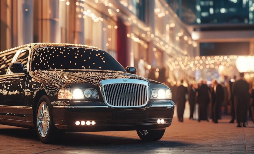 Black stretch limousine arriving in the evening for prom night in King City